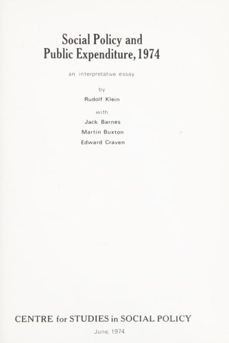Social Policy and Public Expenditure, 1974 An Interpretive Essay