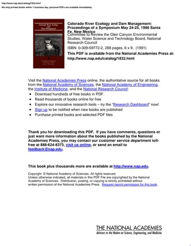Colorado River Ecology and Dam Management Proceedings of a Symposium May 24-25, 1990 Santa Fe, New Mexico