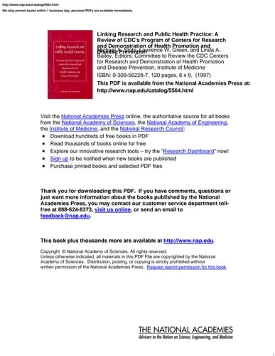 Linking Research and Public Health Practice A Review of CDC's Program of Centers for Research and Demonstration of Health Promotion and Disease Prevention
