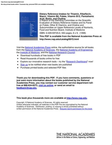 Dietary Reference Intakes for Thiamin, Riboflavin, Niacin, Vitamin B6, Folate, Vitamin B12, Pantothenic Acid, Biotin, and Choline