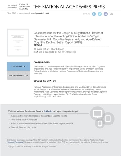 Considerations for the Design of a Systematic Review of Interventions for Preventing Clinical Alzheimer's-Type Dementia, Mild Cognitive Impairment, and Age-Related Cognitive Decline Letter Report