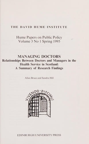 Managing Doctors: Hume Papers on Public Policy 3.1 (Hume Papers on Public Policy, Vol 3, No 1)