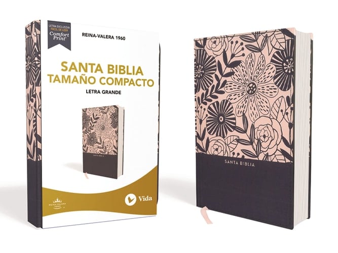 RVR60 Santa Biblia, Letra Grande, Tamaño Compacto, Tapa Dura- Tela, Azul Floral, Edición Letra Roja
