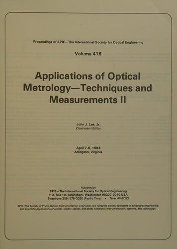 Applications of Optical Metrology Techniques and Measurements II (Proceedings of Spie)