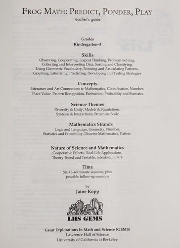 Frog Math: Predict, Ponder, Play: Teacher's Guide (Great Explorations in Math and Science)