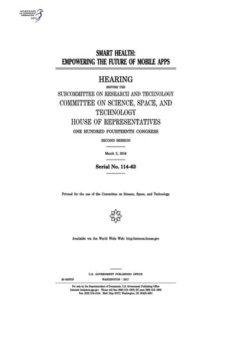 Smart Health Empowering the Future of Mobile Apps: Hearing Before the Subcommittee on Research and Technology