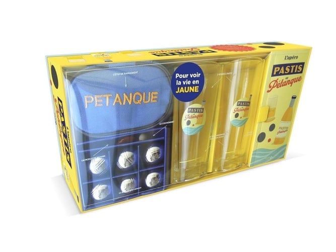 L'apéro Pastis et pétanque Coffret avec 2 verres à pastis gradués, 1 jeu de 6 mini-boules et 1 livre de 30 recettes