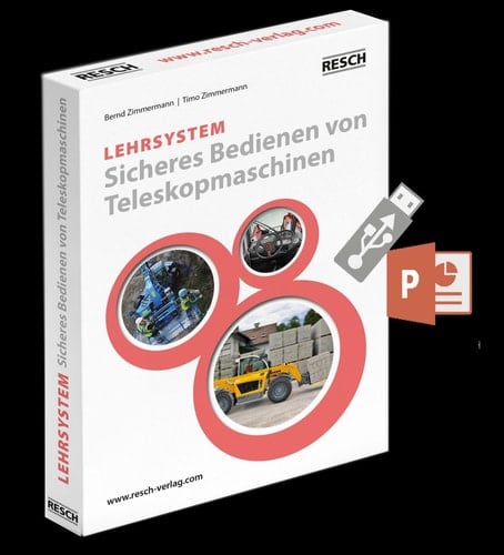 Sicheres Bedienen von Teleskopmaschinen - Lehrsystemgemäß Arbeitsschutzgesetz, Betriebssicherheitsverordnung DGUV Vorschrift 1 "Grundsätze der Prävention", DGUV Vorschrift 68 "Flurförderzeuge", DGUV Grundsatz 308-009 "Qualifizierung und Beauftragung der Fahrerinnen und Fahrer von geländegängigen Teleskopstaplern", TRBS 2111 und 2111 Teil1, DGUV Regel 100-500 "Betreiben von Arbeitsmitteln" u. dgl. : 114 animierte PowerPoint-Präsentationsfolien und 114 Vortragstexte (Notizenseiten) für den Dozente