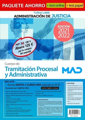 Compra anticipada Paquete Ahorro +TES PAPEL Tramitación Procesal y Administrativa (turno libre). Ahorra 125 € (incluye Temarios 1, 2 y 3; Supuestos ... Curso Oro con test online) 2º envío: 25/01/22