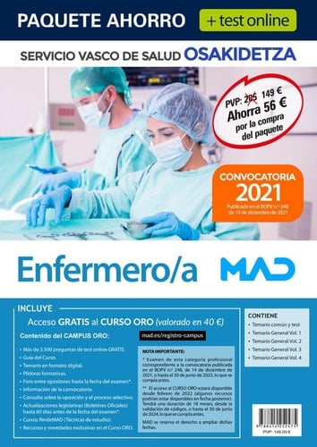 Paquete Ahorro + TEST ONLINE Enfermero/a Osakidetza. Ahorra 56 € (incluye Temario común y test; Temario General volúmenes 1, 2, 3 y 4; acceso Curso Oro ) 2º envío: 07/02/22