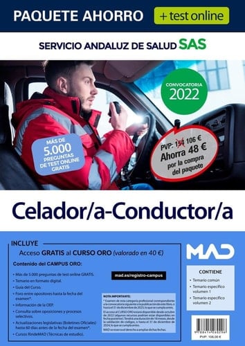 Paquete Ahorro + TEST ONLINE Celador/a-Conductor/a Servicio Andaluz de Salud. Ahorra 48€ (incluye en papel: Temario común; Temario específico 1 y 2; y acceso gratis al Curso Oro con test online)