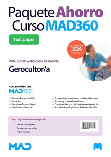 Paquete Ahorro Curso MAD360 + Test PAPEL y ONLINE Escala de Gerocultor/a Comunidad Autónoma de Galicia