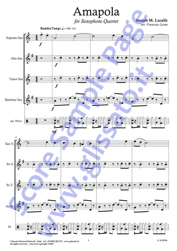 Bb Soprano Sax part of "Amapola" for Saxophone Quartet Tango/Rhumba