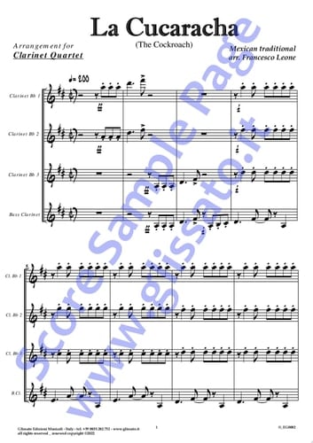 Clarinet Quartet score of "La Cucaracha" The Cockroach