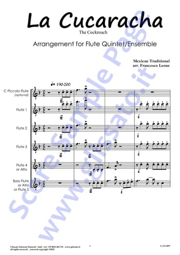 C Flute 3 part of "La Cucaracha" for Flute Quintet/Ensemble The Cockroach