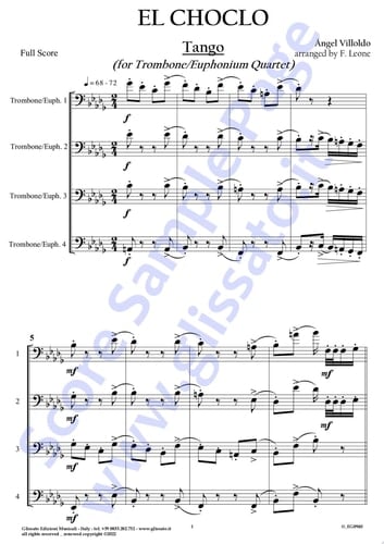Trombone/Euphonium 4 part of "El Choclo" for Quartet Tango