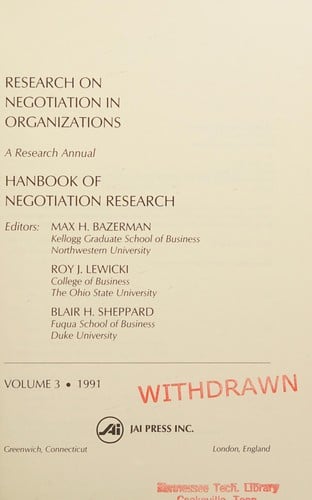 Research on Negotiation in Organizations: Handbook of Negotiation Research