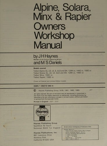Talbot-Chrysler Alpine, Solara, Minx & Rapier owners workshop manual