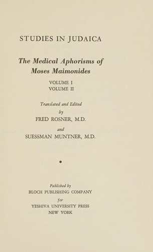 The medical aphorisms of Moses Maimonides (Studies in Judaica)