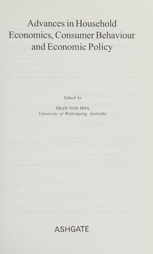 ADVANCES IN HOUSEHOLD ECONOMICS, CONSUMER BEHAVIOUR AND ECONOMIC POLICY