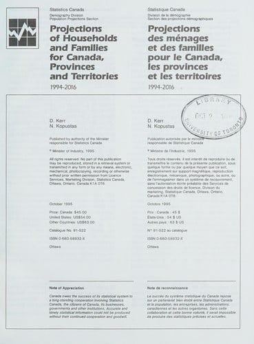 Projections of households and families for Canada, provinces and territories, 1994-2016 =