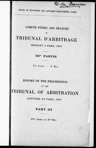 Compte rendu des séances du Tribunal d'arbitrage siégeant à Paris, 1893