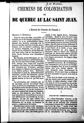 Chemins de colonisation ou De Québec au Lac Saint Jean