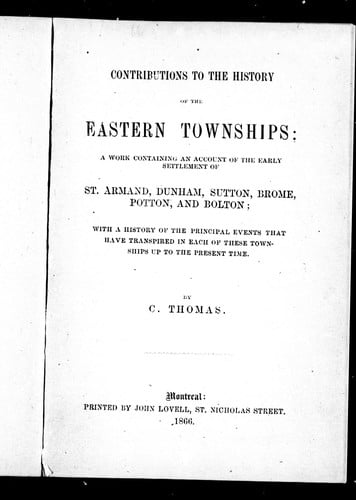 Contributions to the history of the Eastern Townships