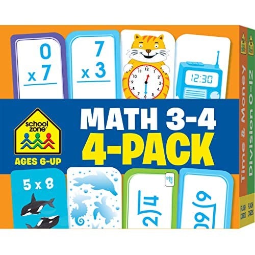 School Zone - Math 3-4 Flash Cards 4 Pack - Ages 6 and Up, 3rd Grade, 4th Grade, Multiplication, Division, Time and Money, and More
