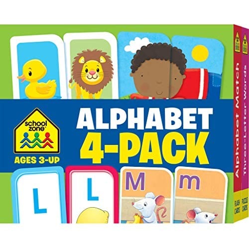 School Zone - Alphabet Flash Cards 4 Pack - Ages 3 and Up, Preschool to Kindergarten, Lowercase and Uppercase Letters, Letter-Picture Recognition, Beginning Sounds, and More