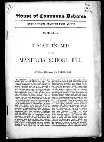 Speech of J. Martin, M.P., on the Manitoba School bill