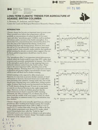 Long-term climatic trends for agriculture at Agassiz, British Columbia