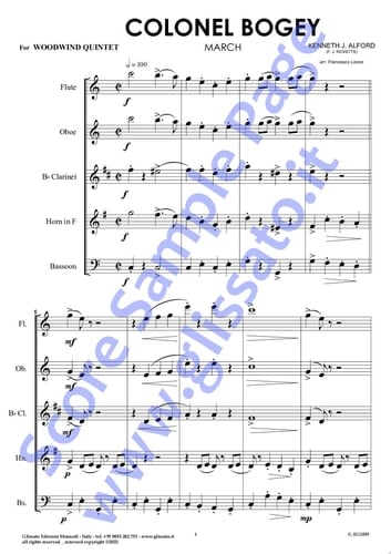 French Horn in F part of "Colonel Bogey" for Woodwind Quintet March