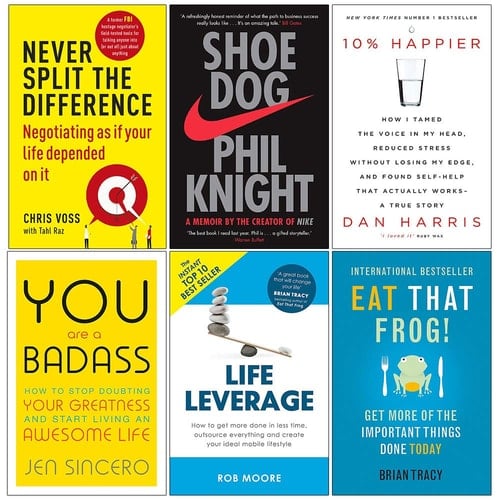 Never Split the Difference, Shoe Dog, 10% Happier, You Are a Badass, Life Leverage, Eat That Frog 6 Books Collection Set