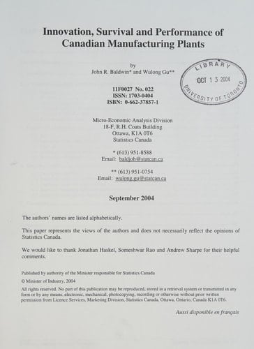 Innovation, Survival and Performance of Canadian Manufacturing Plants