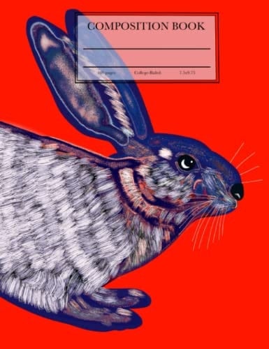 Composition Book: Blue and White Hare Art with Red Background, College-Ruled, 100 Pages, 7.5 x 9.75"