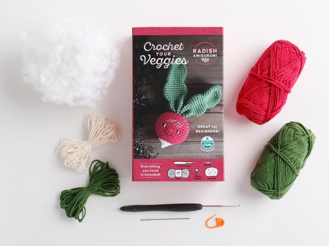 Crochet Your Veggies Amigurumi Kit Radish Everything You Need Is Included: 100%-Cotton Yarn, Crochet Hook, Stitch Marker, Tapestry Needle, Fiberfill, Step-By-Step Leaflet, and Exclusive Instruction Videos; Beginner Friendly!