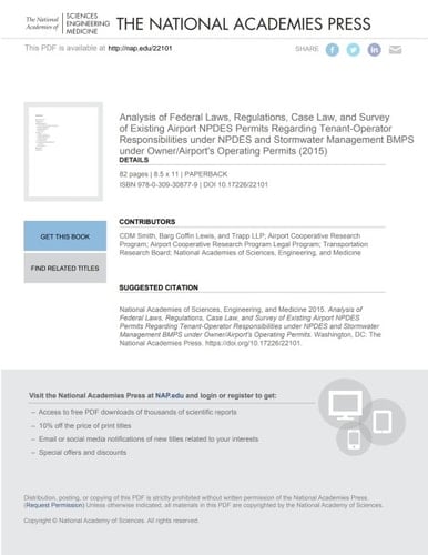 Analysis of Federal Laws, Regulations, Case Law, and Survey of Existing Airport NPDES Permits Regarding Tenant-Operator Responsibilities under NPDES and Stormwater Management BMPS under Owner/Airport's Operating Permits