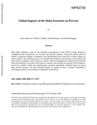Global Impacts Of Doha Trade Reform Scenarios On Poverty