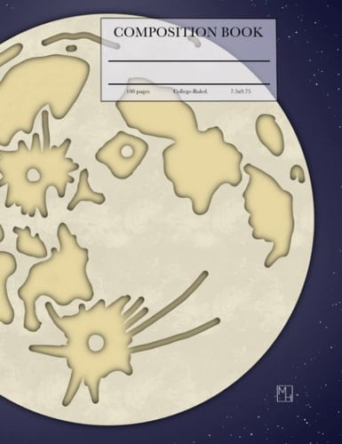 Composition Book: Moon and Rocket on Dark Sky Background, College-Ruled, 100 Pages, 7.5 X 9.75"