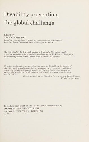 Disability Prevention: The Global Challenge (Oxford Medical Publications)