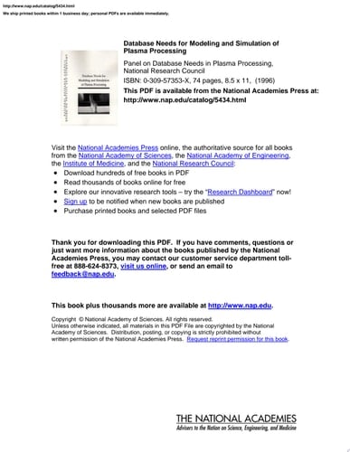 Database Needs for Modeling and Simulation of Plasma Processing