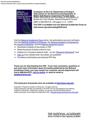 Evaluation of the U.S. Department of Energy's Alternatives for the Removal and Disposition of Molten Salt Reactor Experiment Fluoride Salts