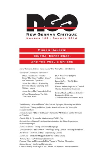 Miriam Hansen Cinema, Experience, and the Public Sphere