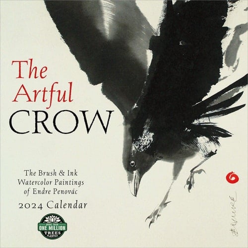 The Artful Crow 2024 Wall Calendar: Brush & Ink Watercolor Paintings by Endre Penovac | 12" x 24" Open | Amber Lotus Publishing