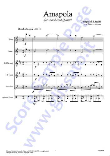 French Horn in F part of "Amapola" for Woodwind Quintet Tango/Rhumba