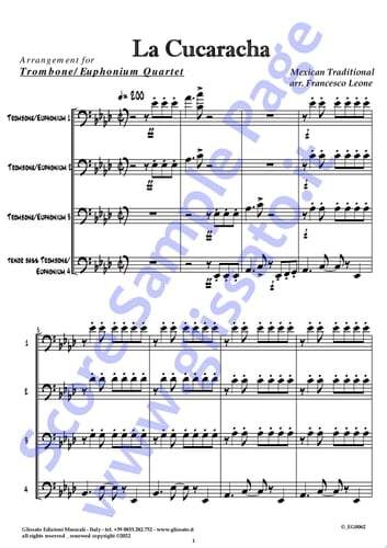 Trombone/Euphonium 2 t.c. part of "La Cucaracha" for Quartet The Cockroach